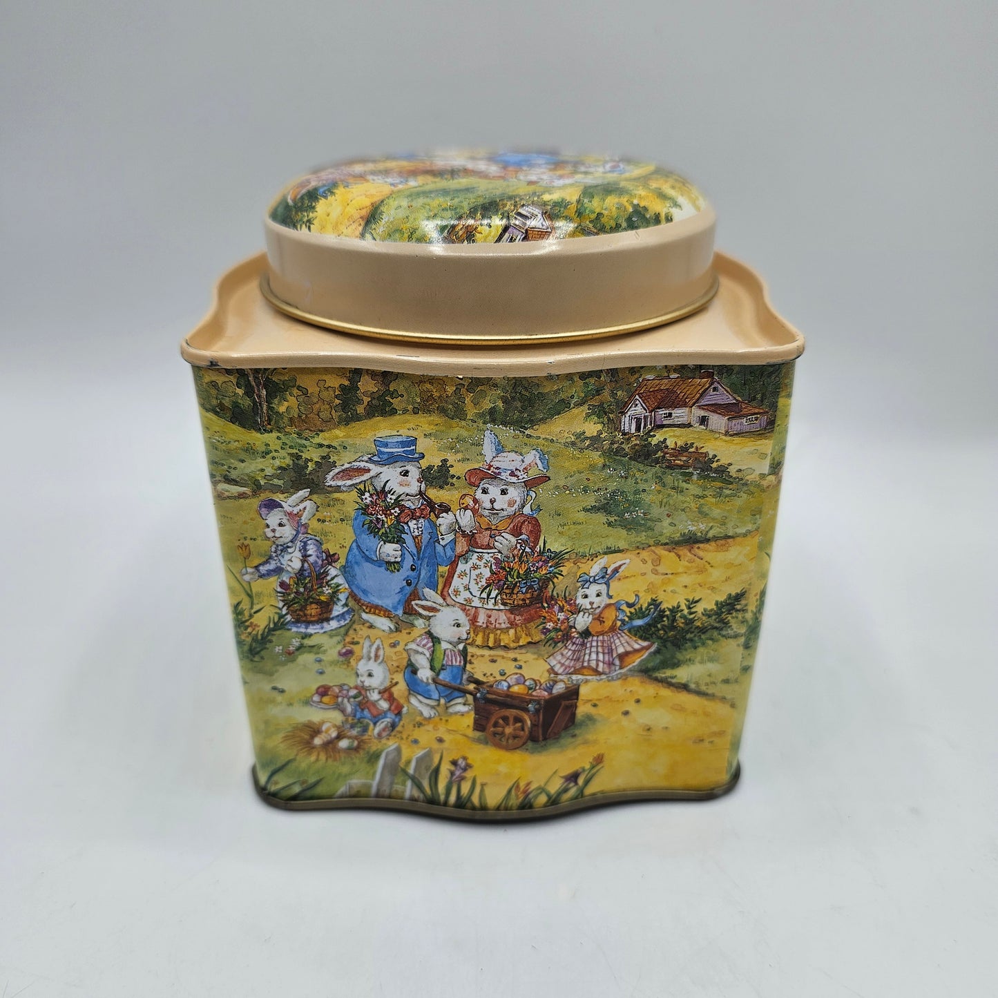 Vintage Easter Bunny Metal Tea Caddy Tin Canister