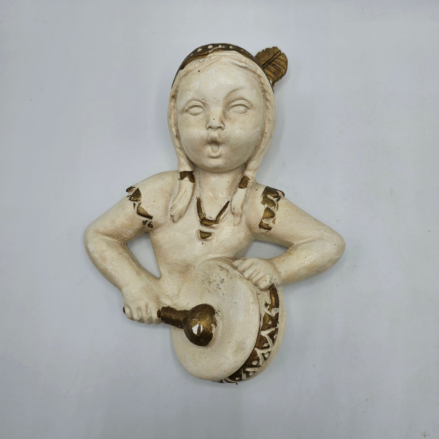 Native American Girls with Drums Chalkware Wall Hanging - Set of 2