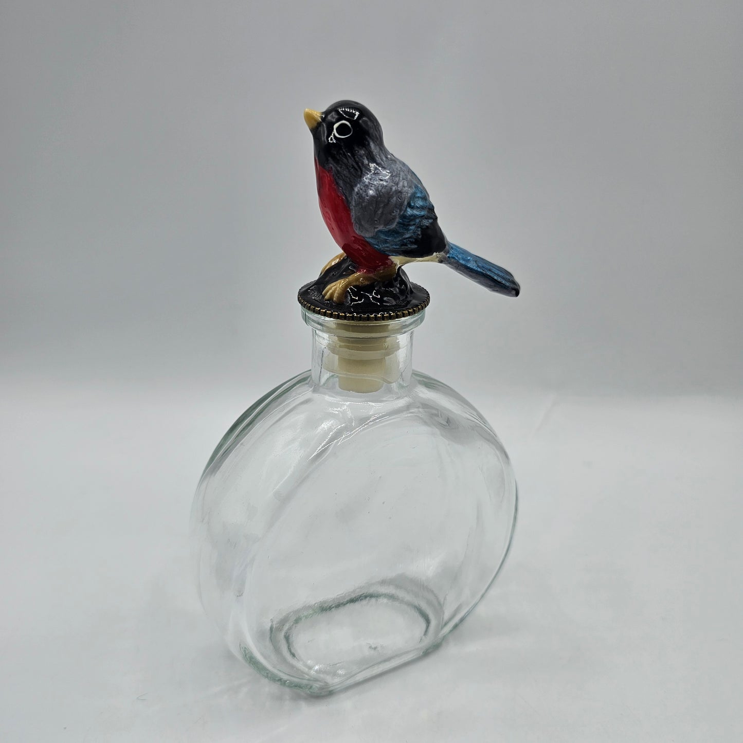 Glass Bottle with Hand Painted Ceramic Bird Stopper