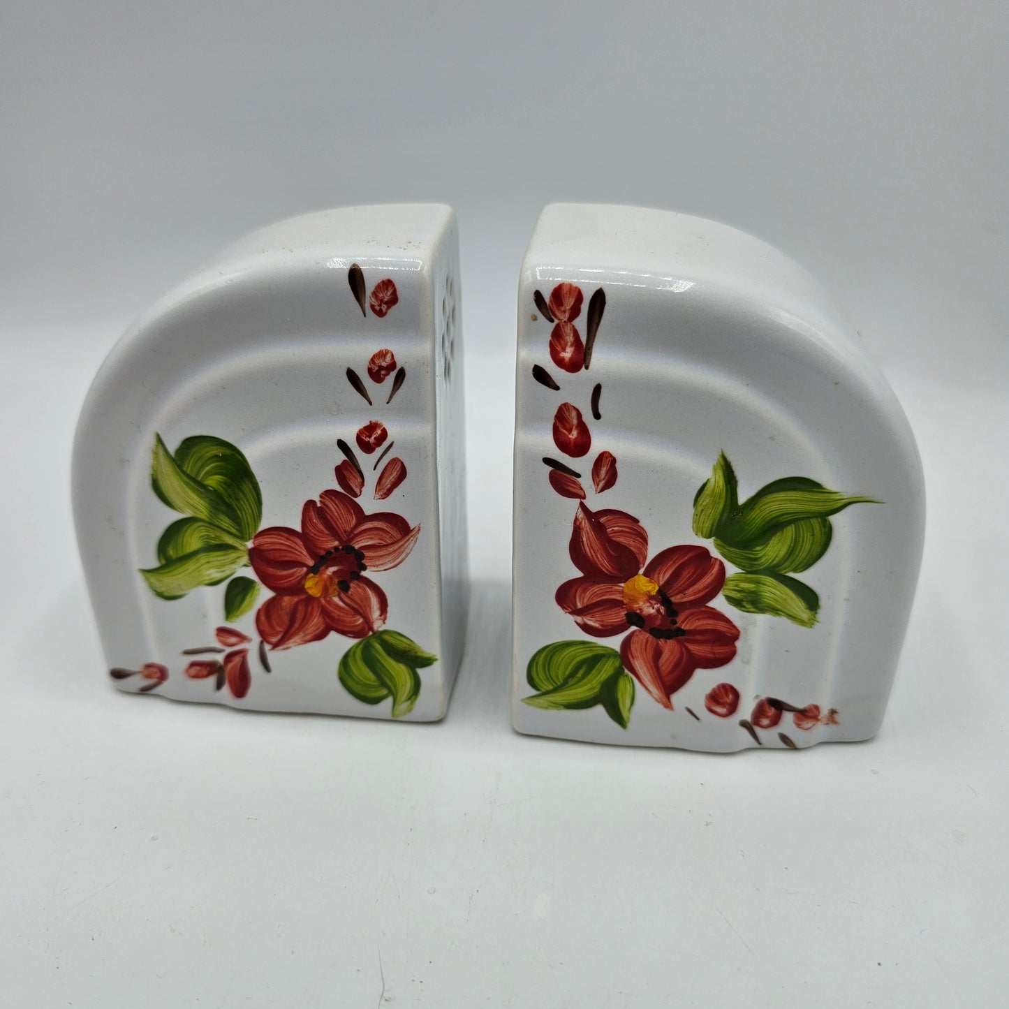 Vintage Hand Painted Mid Century Salt and Pepper Shakers with Cork Stoppers - Red Flowers