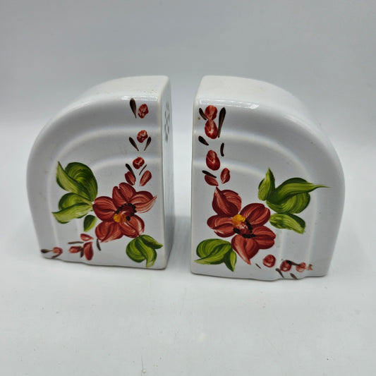 Vintage Hand Painted Mid Century Salt and Pepper Shakers with Cork Stoppers - Red Flowers