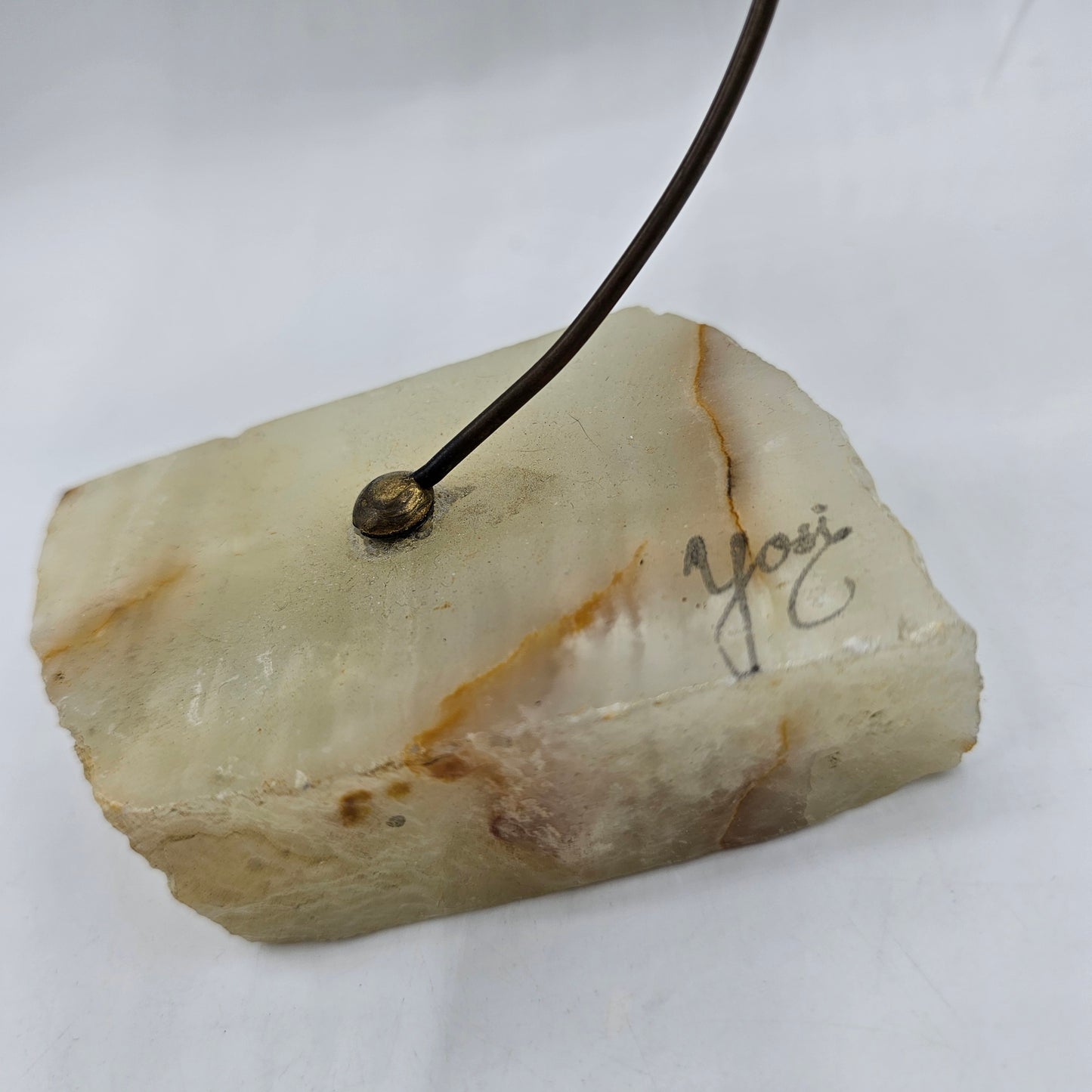 Vintage Artisan Brass Bird on Agate Stone Stand - Signed Yosi