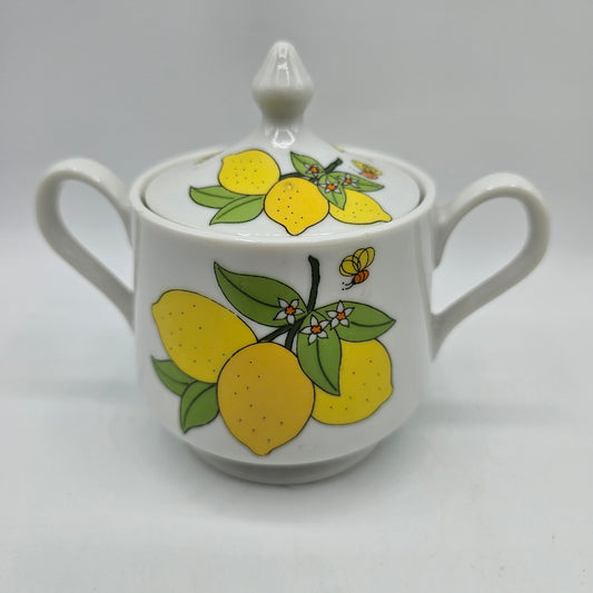 Vintage Lemon and Bee Themed Sugar Bowl with Lid and Handles