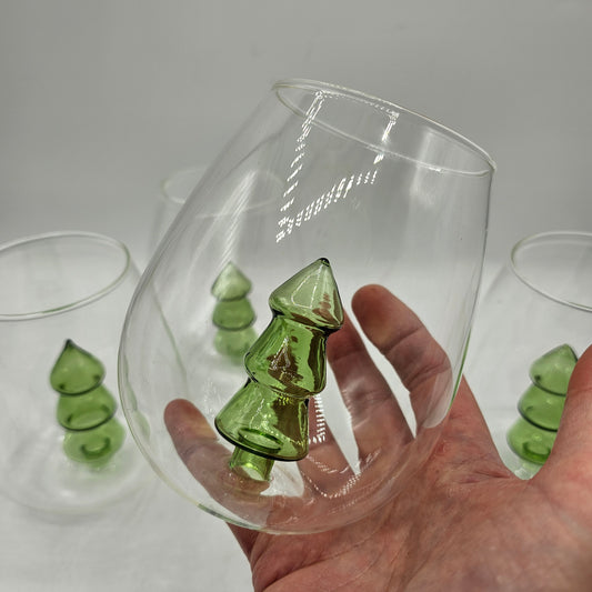 Anthropologie Stemless Wine Glasses with Figural Green Glas Christmas Tree Inside - Set of 4