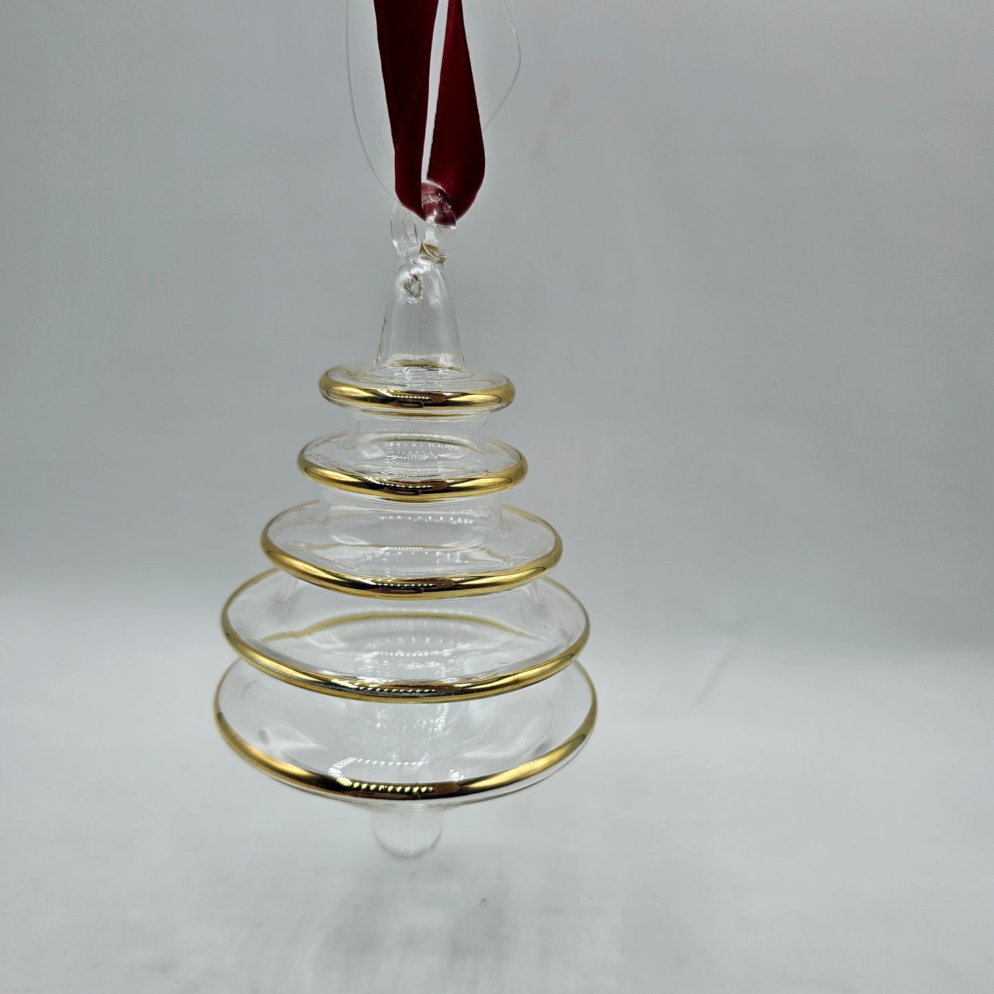 Egyptian Blown Glass with Gold Christmas Tree Ornament with Red Ribbon in Original Box