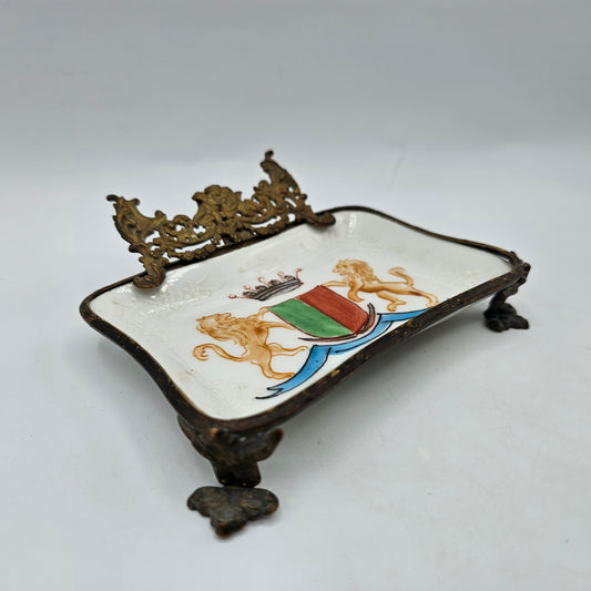 Vintage Porcelain Trinket Tray with Coat of Arms and Gold Tone Metal Frame
