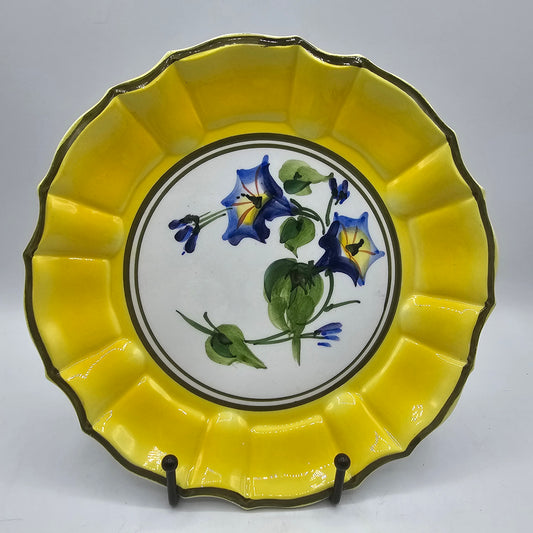 Hand Painted Italian Plate with Blue Trumpet Flower Marked 16/85 Stamped Made in Italy