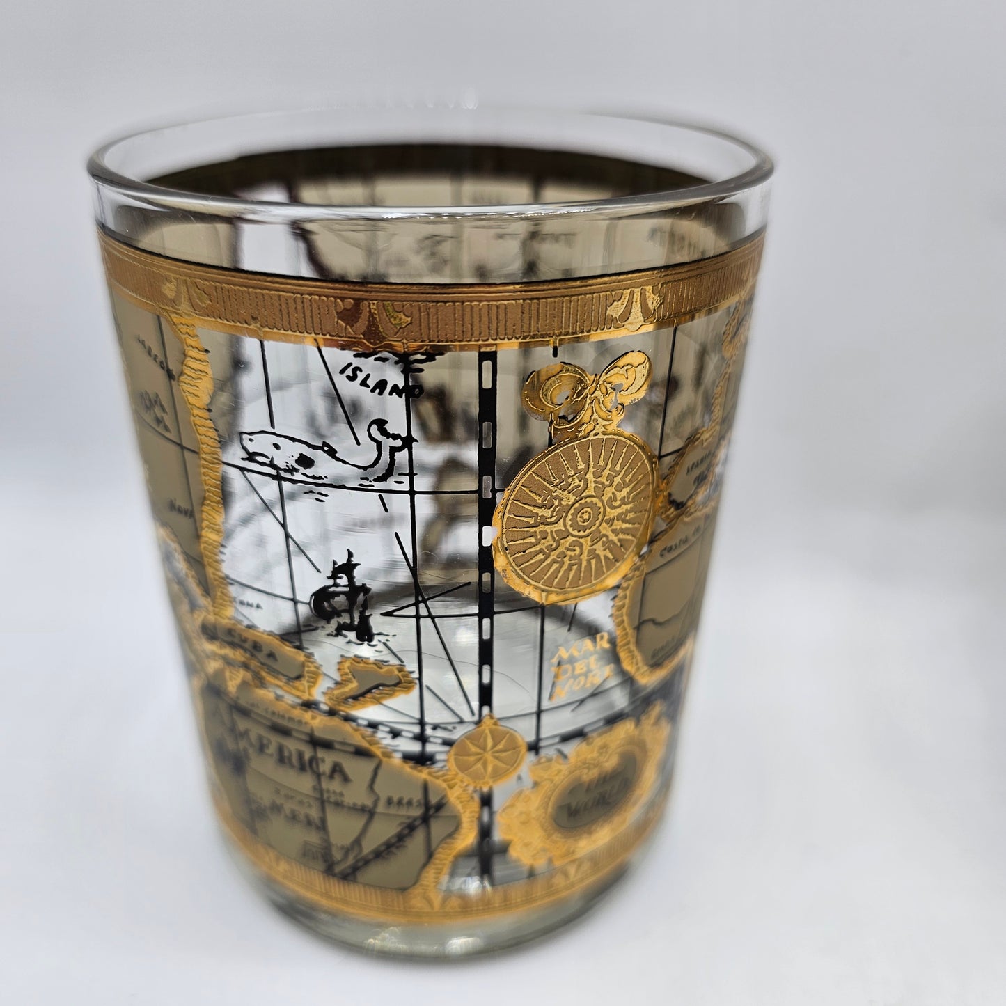 Vintage Cera Old World Globe Map Lowball Whiskey Glasses Tumblers with Applied Gold Design - Set of 4