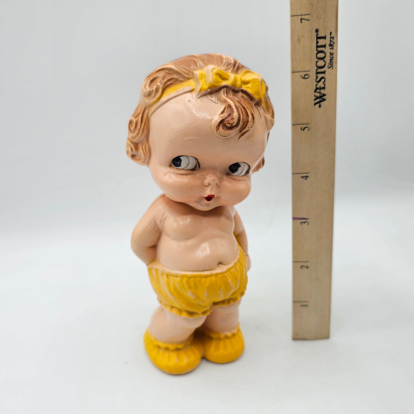 Vintage 1940's Kewpie Style Celluloid Rattle Baby Doll - Rare Yellow Outfit - Made in USA by Irwin (damage noted)