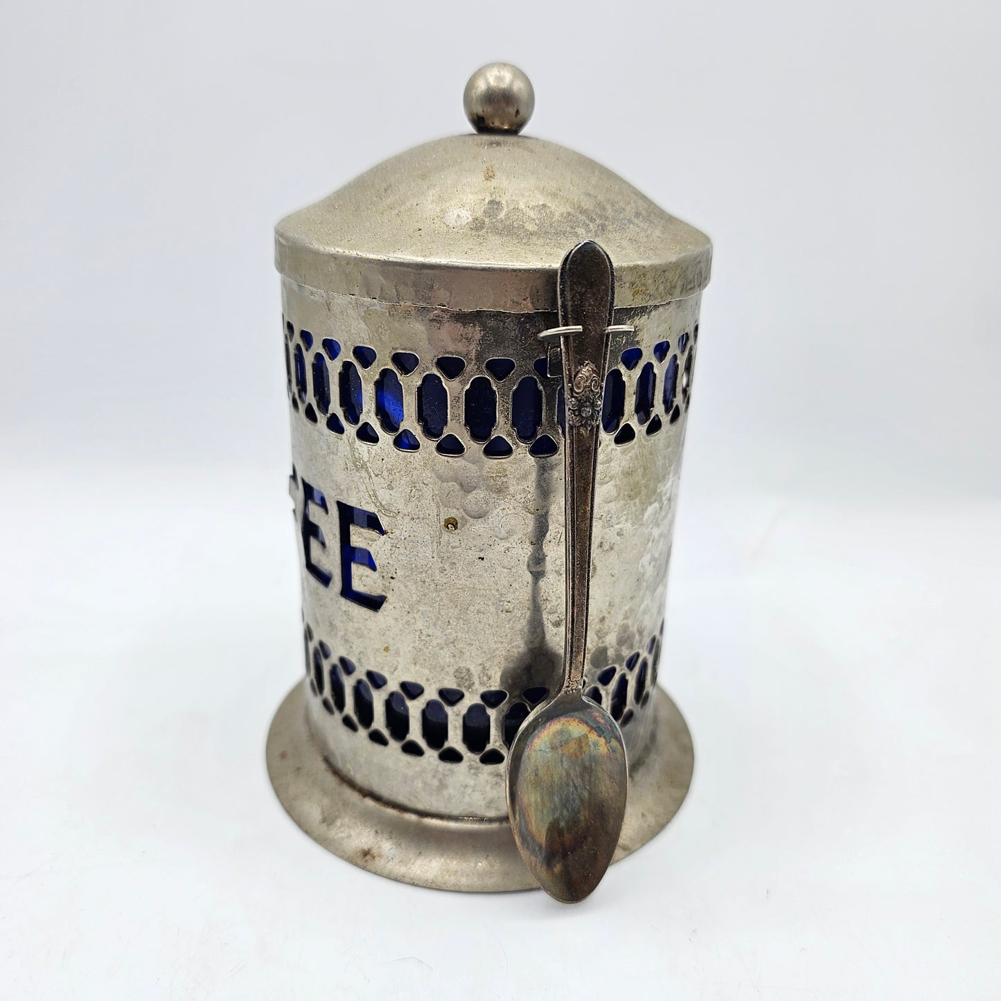 Vintage Silver Plated Lidded Pierced Coffee Canister with Cobalt Blue Plastic Insert and Silver Plated Spoon by Leonard Made in England