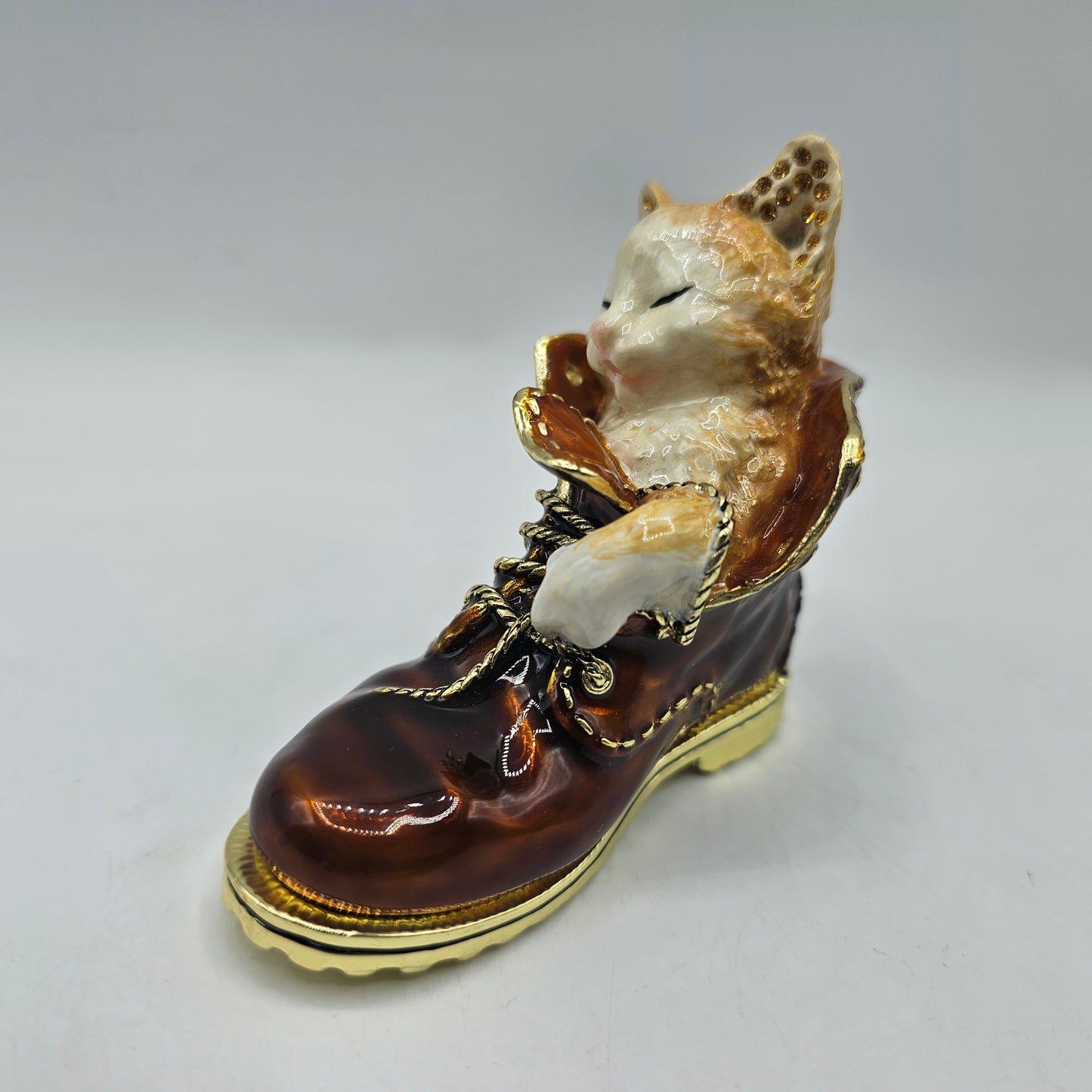 Sleepy Cat in Brown Boot Hinged Trinket Box by Keren Kopal, Limited Edition in Original Box