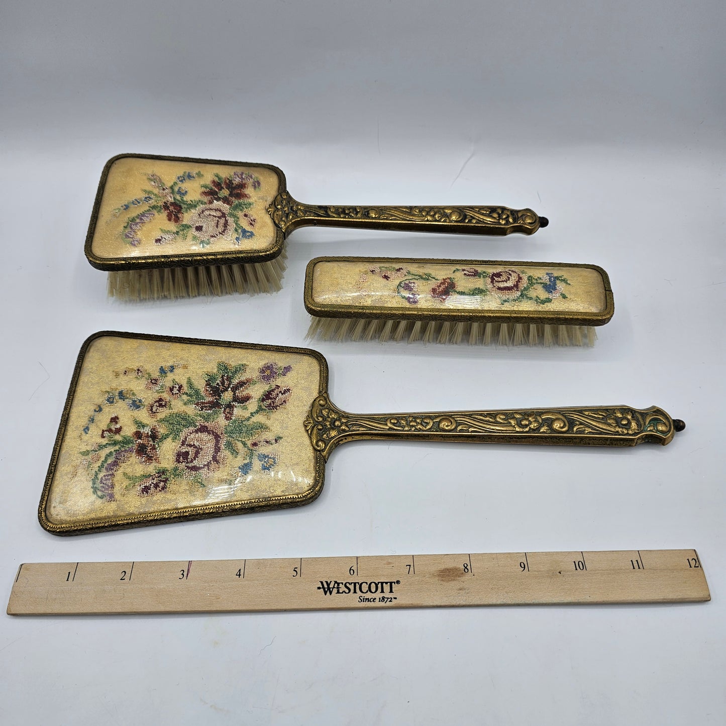 Vintage Petit Point Embroidery 3 Piece Vanity Dresser Set - Hairbrush, Clothes Brush and Beveled Hand Mirror; Wood with Brass