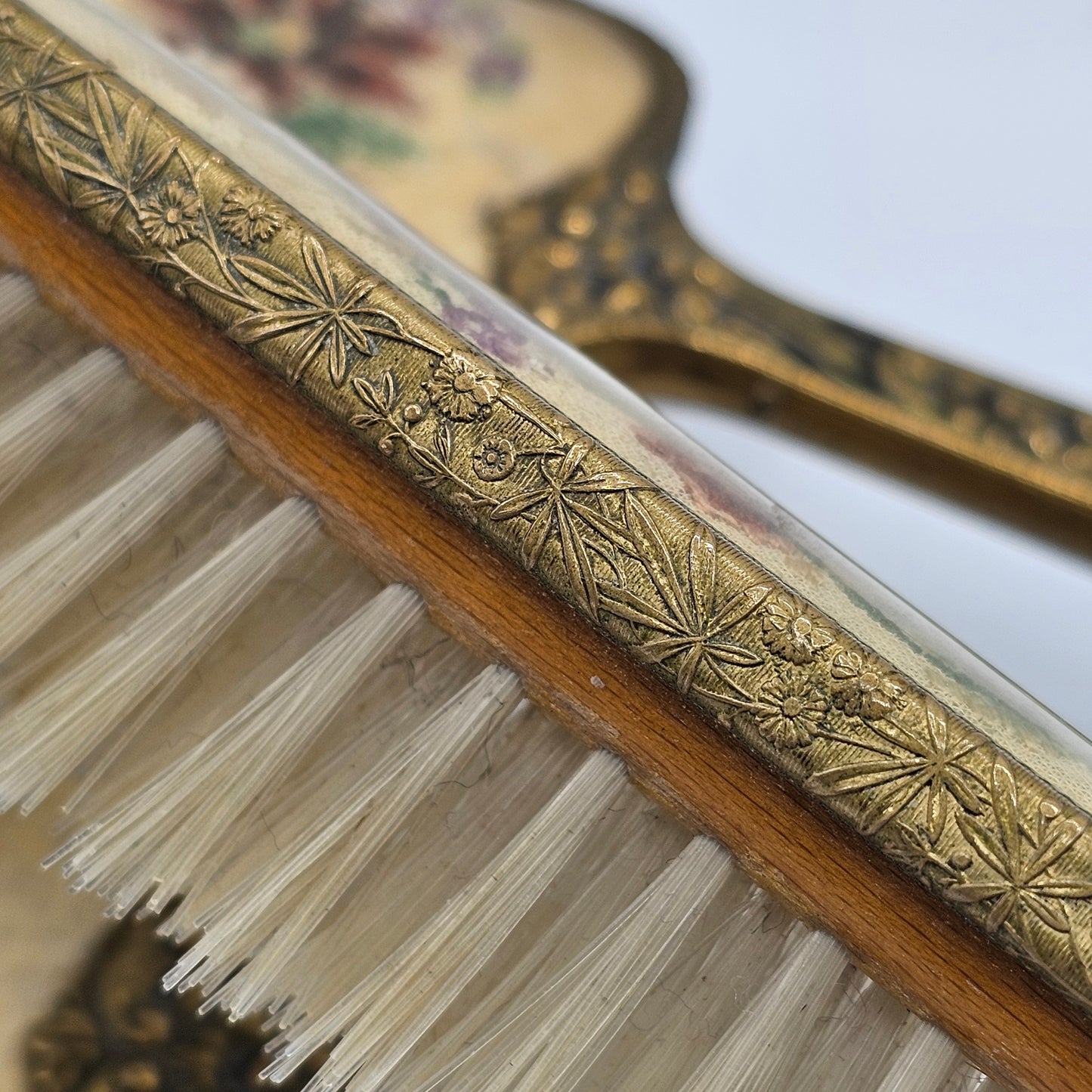 Vintage Petit Point Embroidery 3 Piece Vanity Dresser Set - Hairbrush, Clothes Brush and Beveled Hand Mirror; Wood with Brass