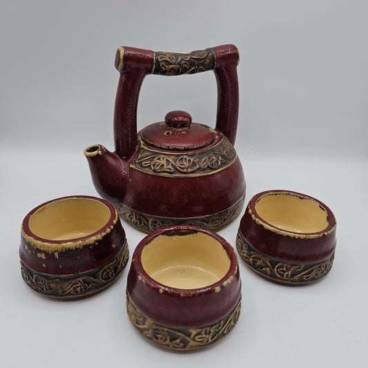 Intentionally Distressed Asian Teapot and Three Tea Cups by Pottery Barn