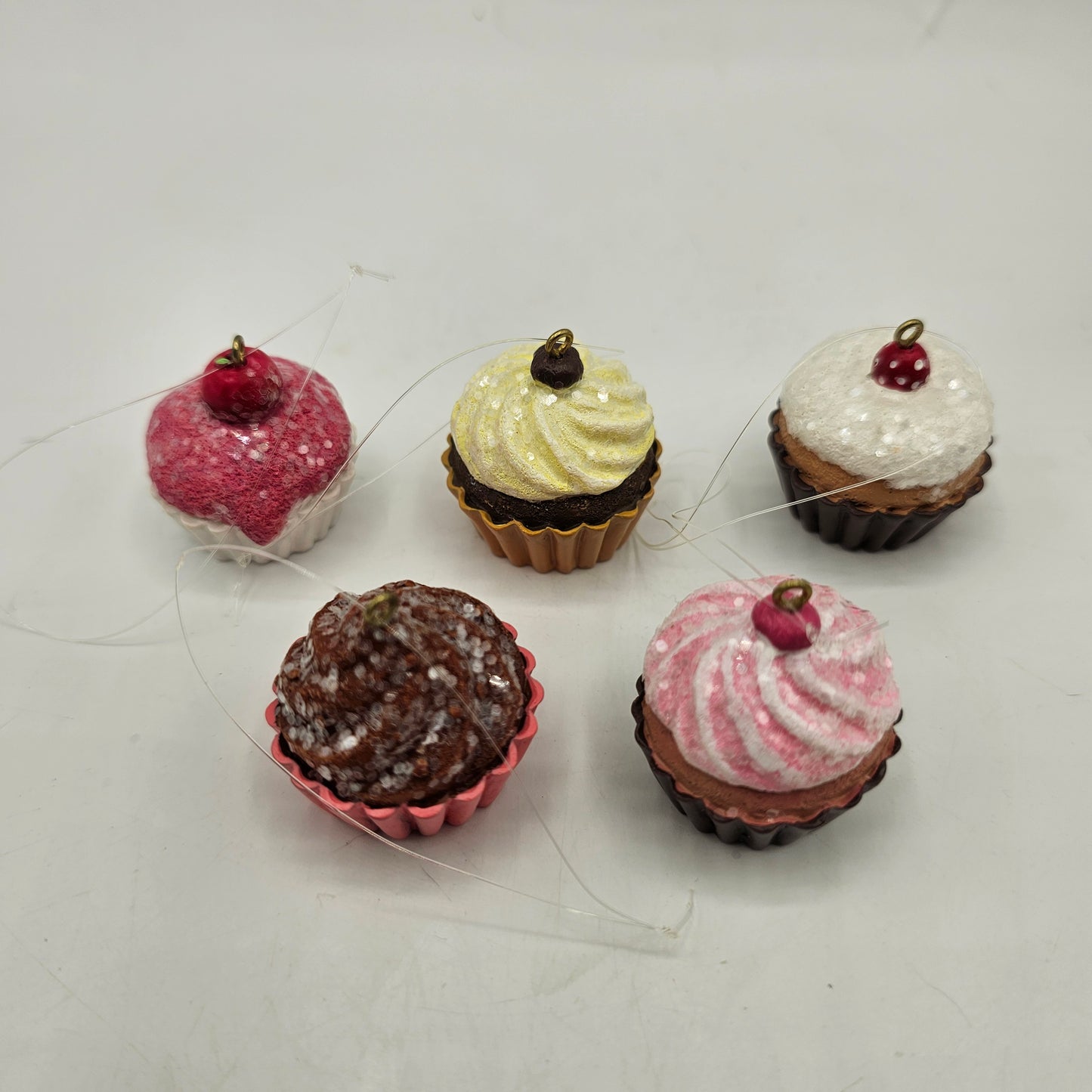 Miniature Frosted Cupcake Christmas Tree Ornaments - Resin - Set of 5