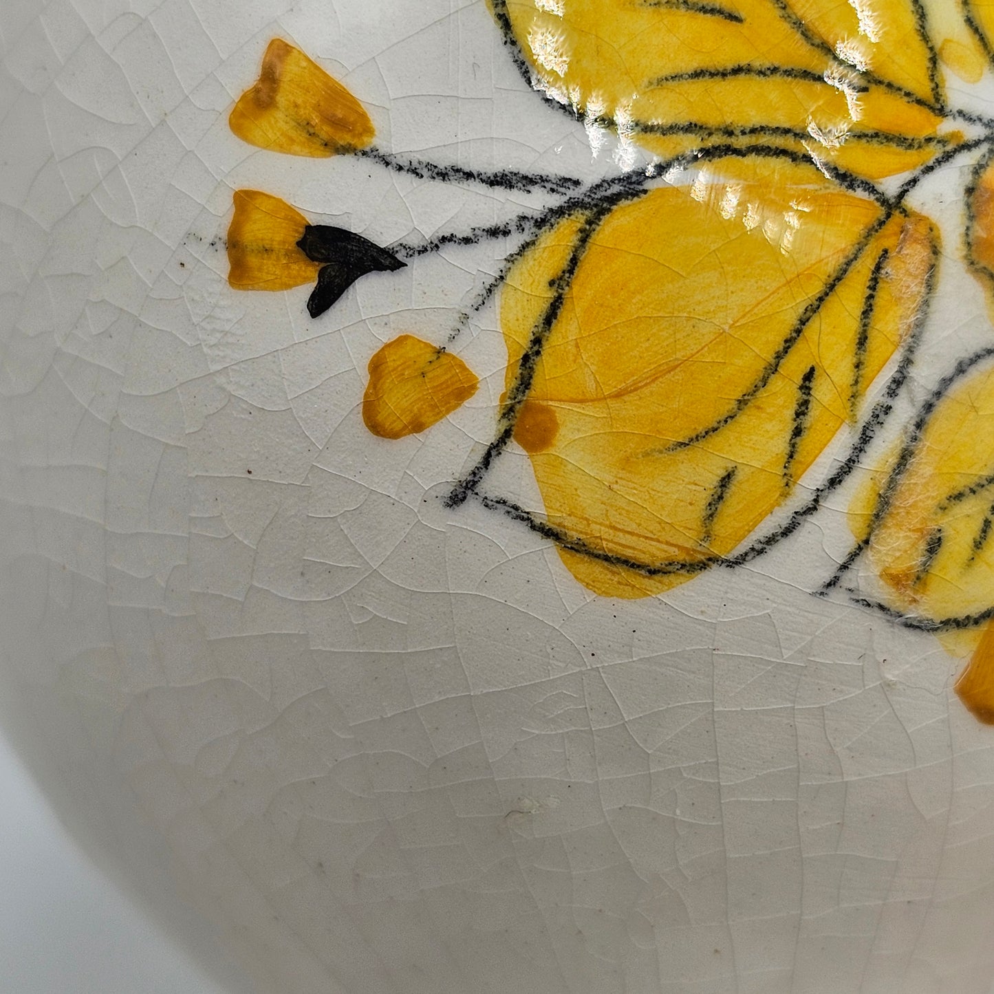 Hand Painted European Pottery Oversized Egg Cup with Yellow Flowers (naturally crazed)