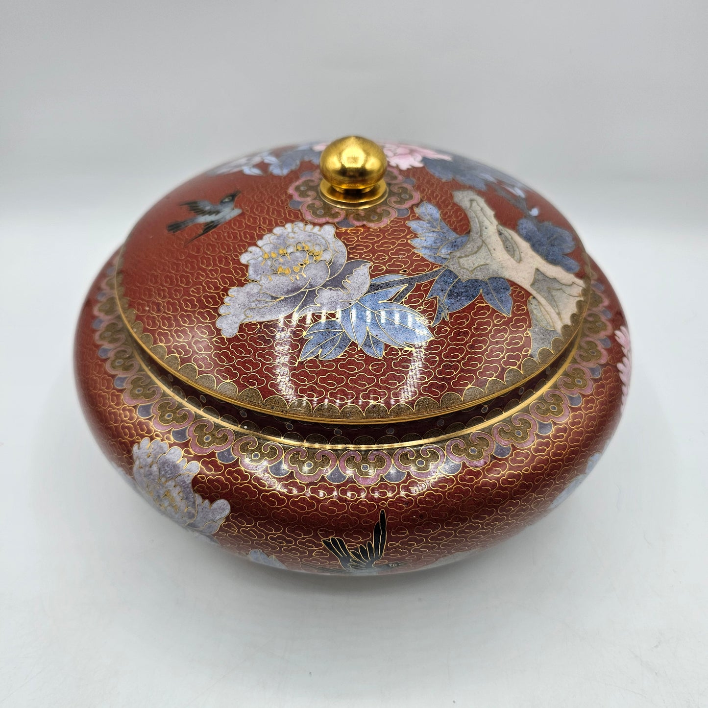 Vintage Cloisonne Lidded Pot with Flowers and Birds