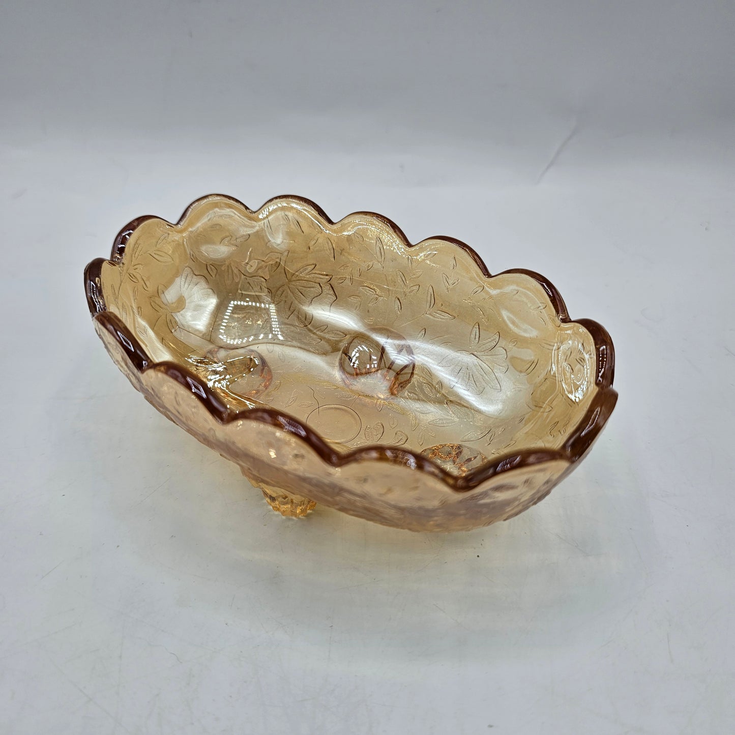 Jeanette Glass Floragold Iridescent Peach Footed Candy Dish with Raised Design-  5.5 x 3.5 x 2" high