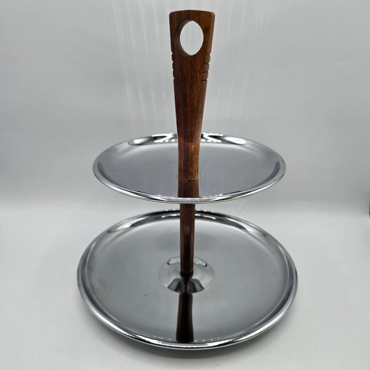 1960's Kromex Chrome 2-Tiered Tidbit Tray or Bathroom Stand with Teak Wood Handle