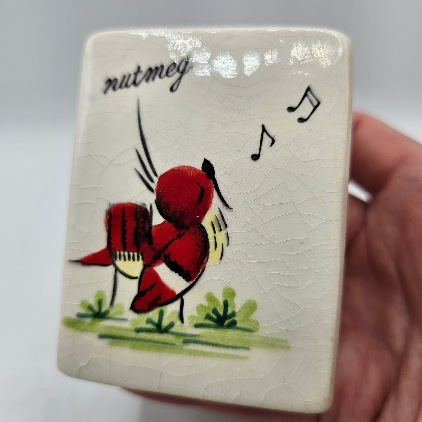 Vintage Ceramic Nutmeg Shaker with Red Song Bird and Natural Crazing