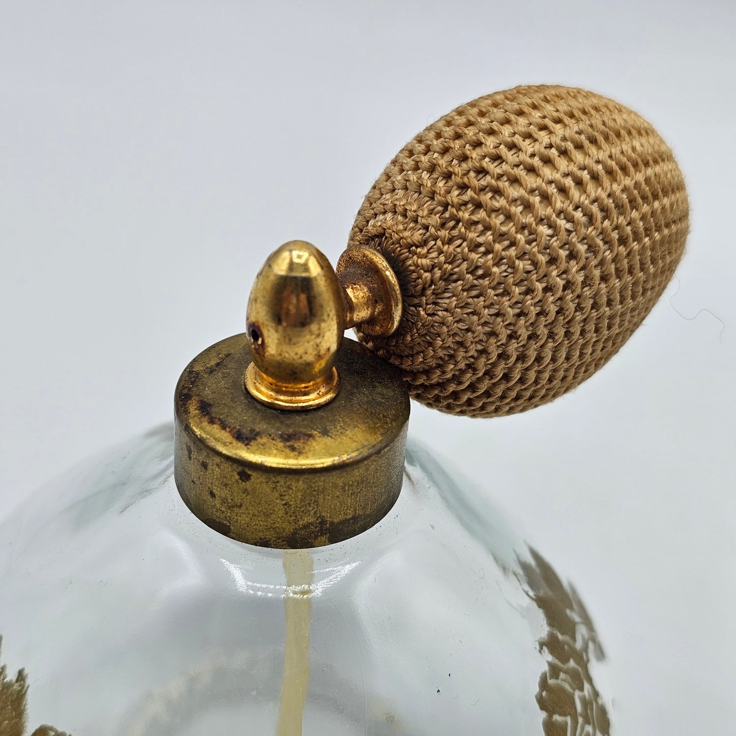 Vintage Glass Perfume Atomizer with Painted Gold Roses and Original Bulb