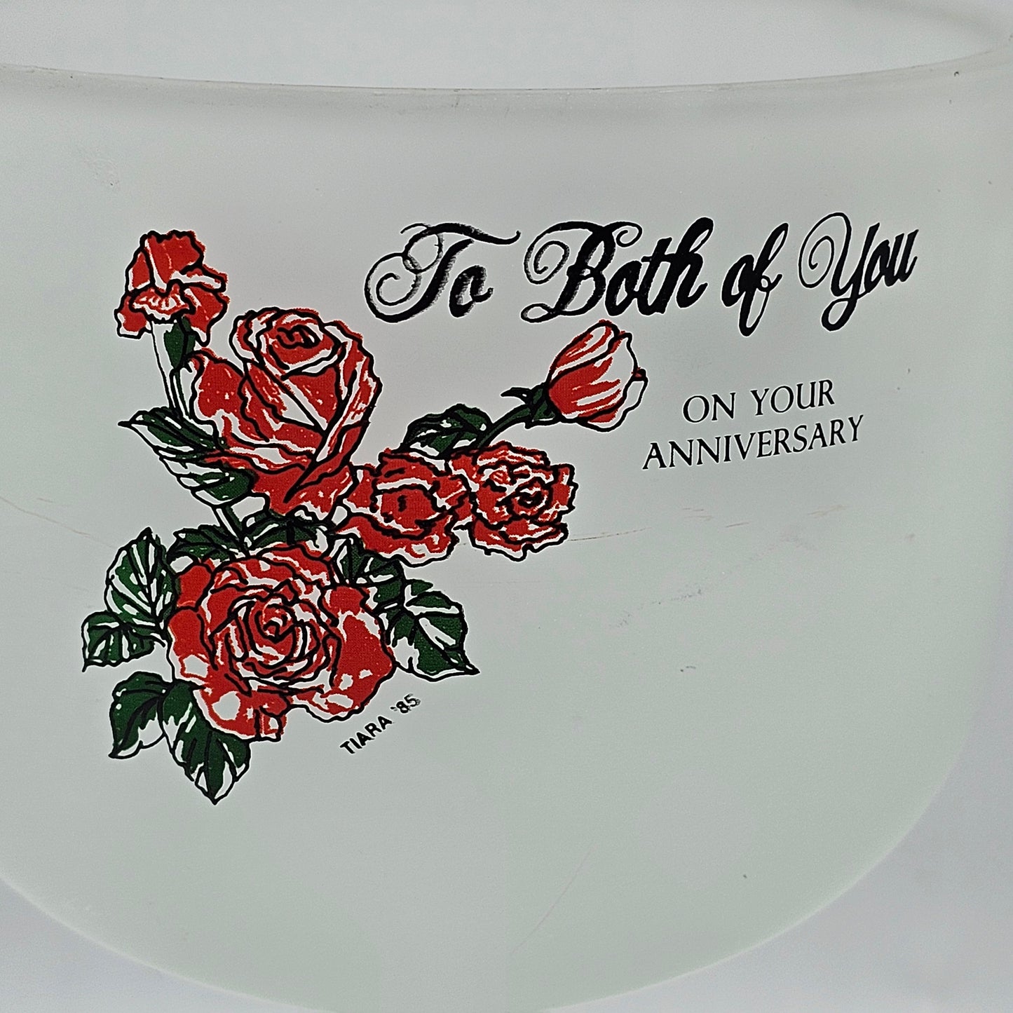 Tiara Vintage Frosted Glass Pedestal Candy Dish with Rose Transferware - 1985