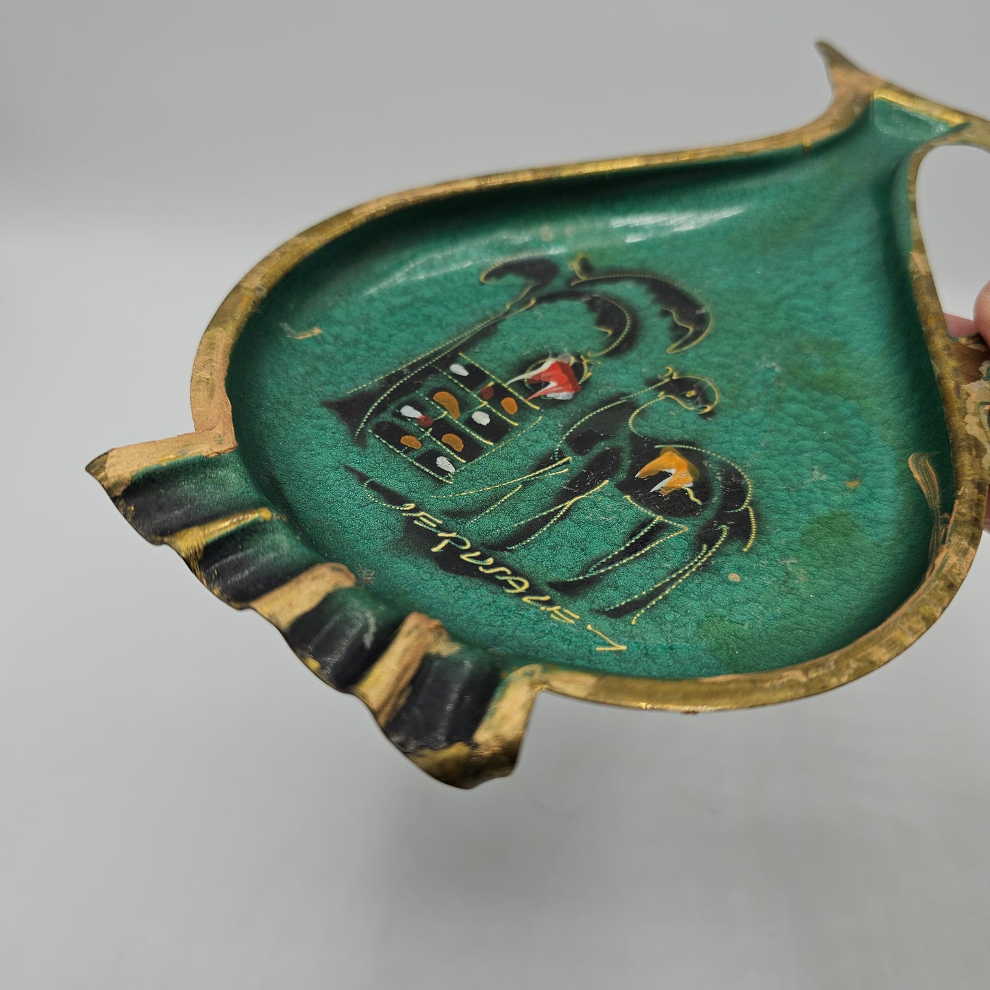 Vintage Judaic Green and Brass Ashtray with Painted Camel - Jerusalem Souvenir