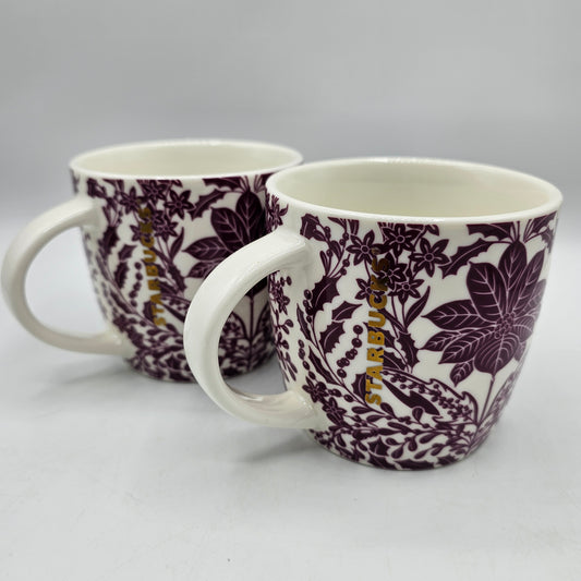 Starbucks Poinsettia Holly Berry and Mistletoe Christmas Tea Cup Style Mug White with  Burgundy Floral Pattern - Set of 2