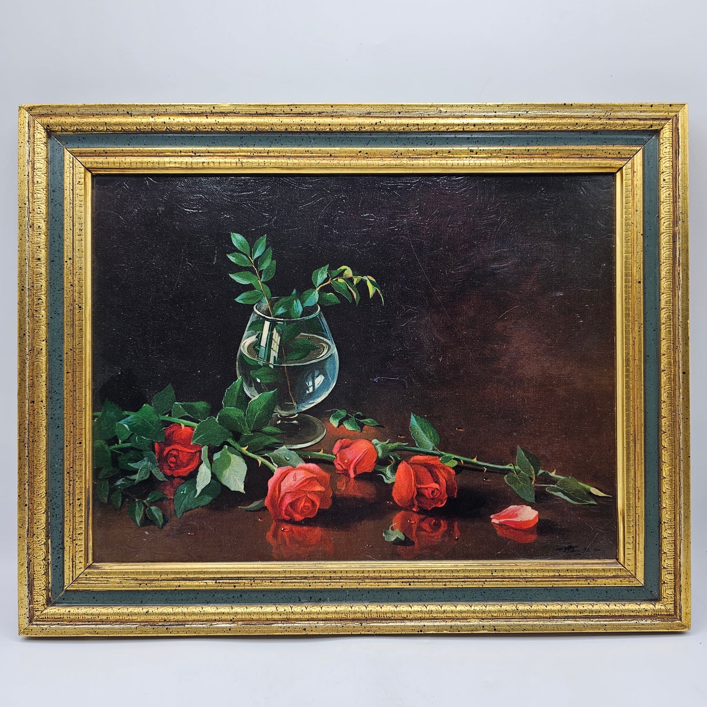 Framed Still Life Lithophane Print of Roses and a Glass