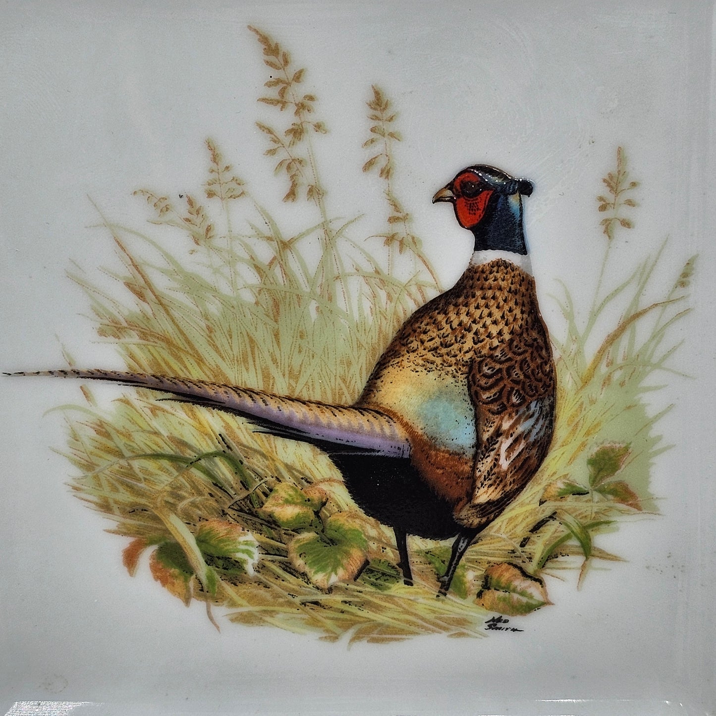 Vintage Ned Smith Ceramic Trinket Tray with Pheasant by Rubel 1981
