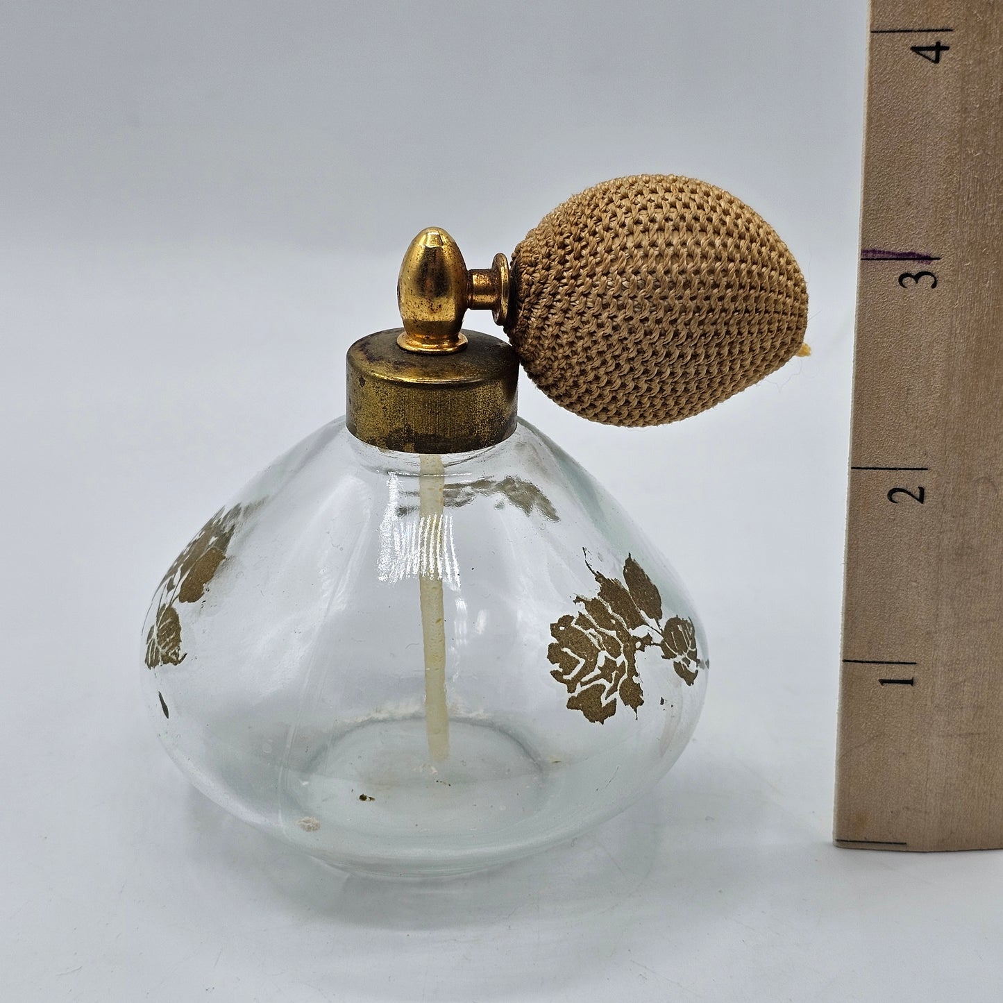 Vintage Glass Perfume Atomizer with Painted Gold Roses and Original Bulb