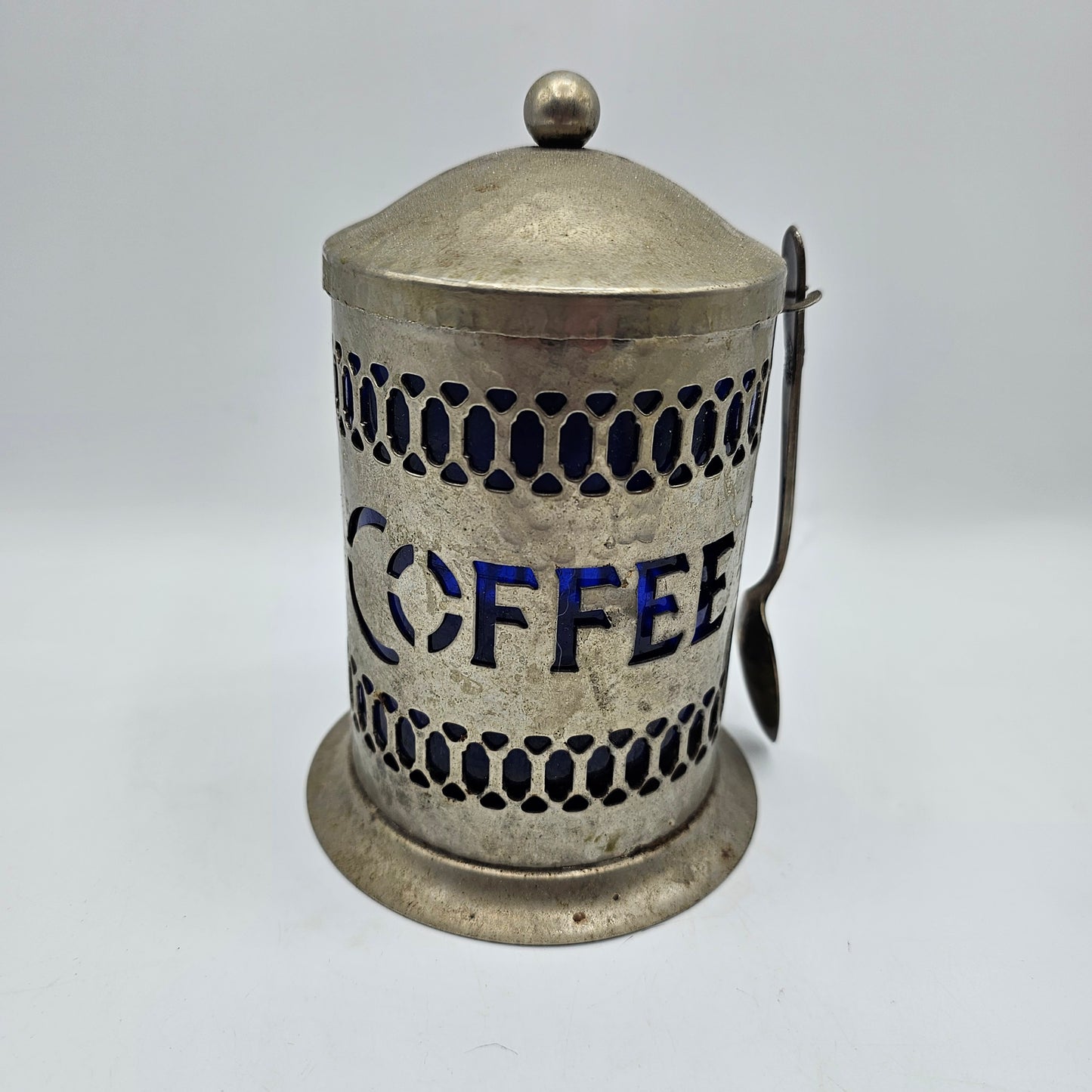Vintage Silver Plated Lidded Pierced Coffee Canister with Cobalt Blue Plastic Insert and Silver Plated Spoon by Leonard Made in England