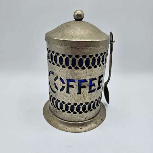Vintage Silver Plated Lidded Pierced Coffee Canister with Cobalt Blue Plastic Insert and Silver Plated Spoon by Leonard Made in England