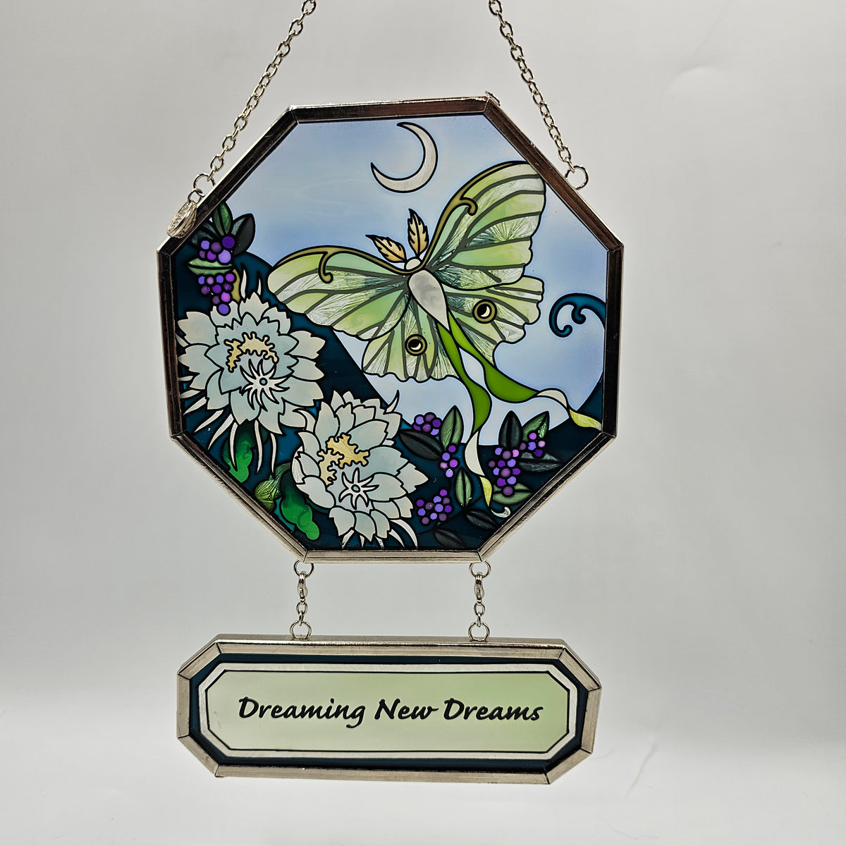Amia Handpainted Glass Lunar Moth Suncatcher with Chain for Hanging