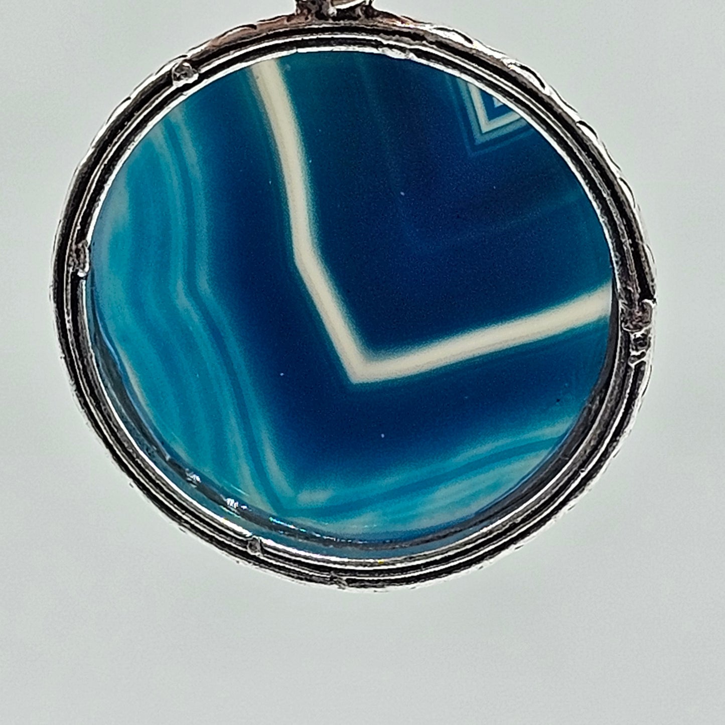 Round Blue Banded Agate Pendant with Silver Tone Setting