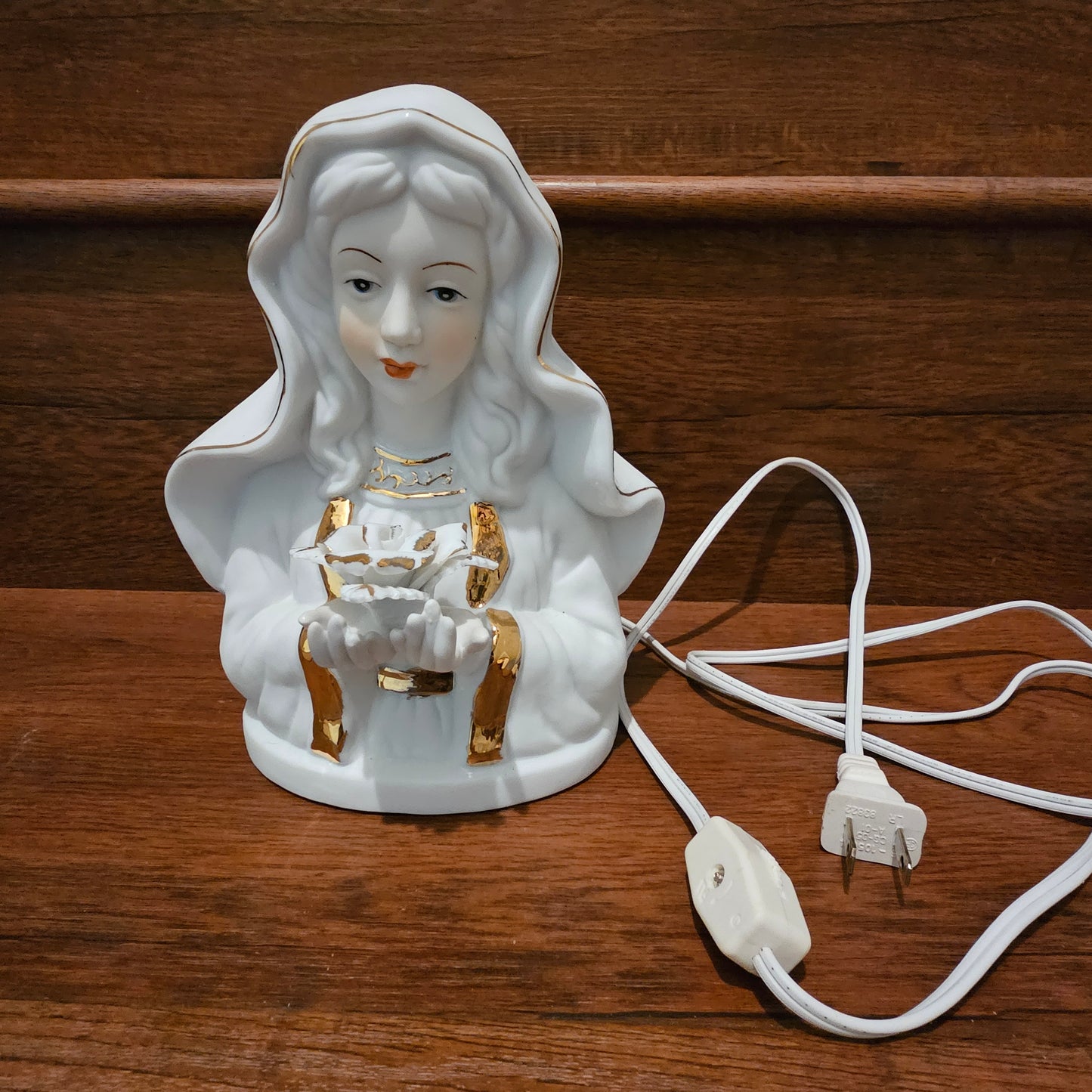 White Bisque Ceramic Virgin Mary Electric Plug In Night Light with Gold Accent Trim