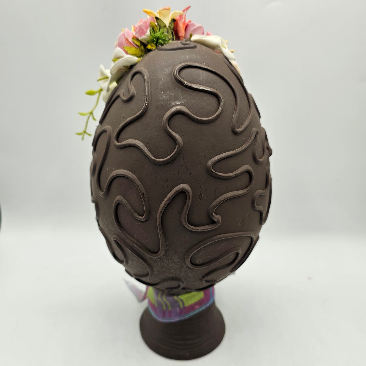 Faux Chocolate Easter Egg Decor with Bunny Rabbit and Foam Spring Flowers