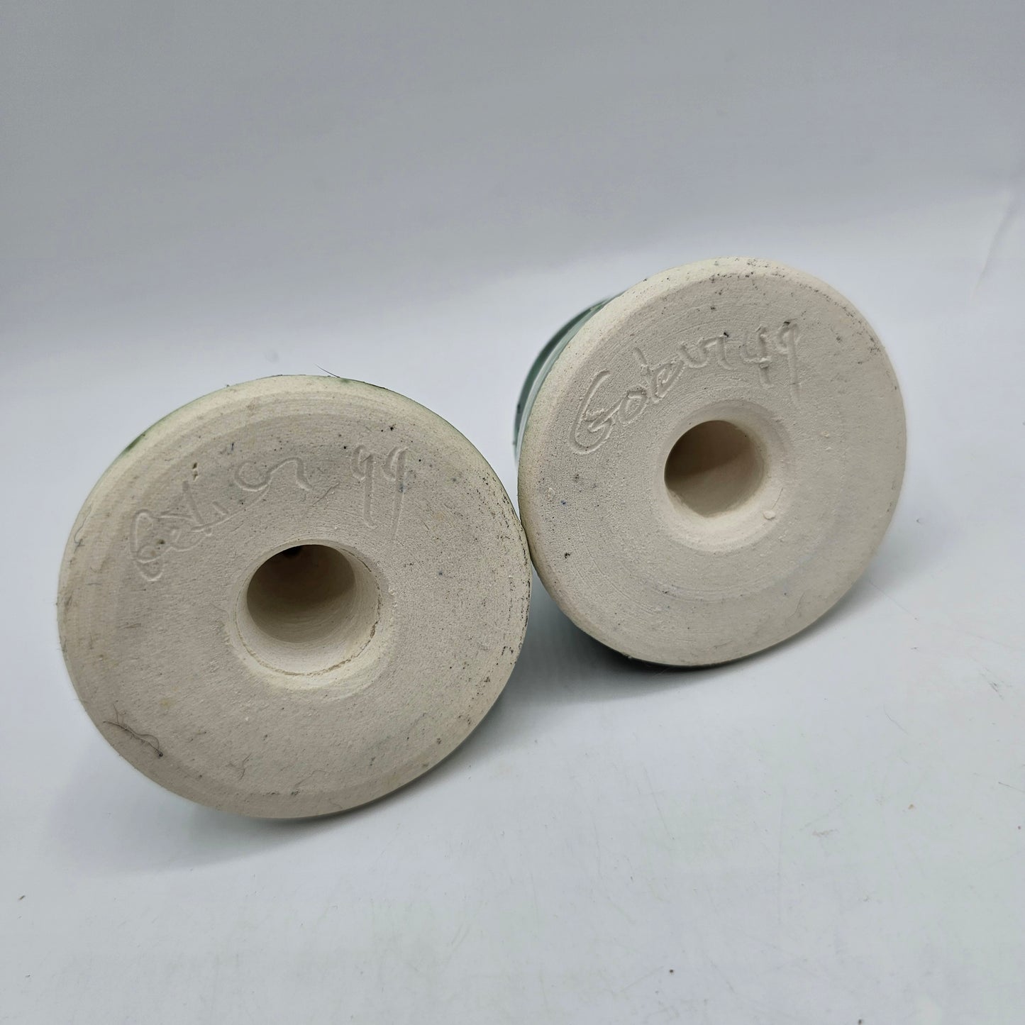 Artisan Pottery Funnel Style "Holeless" Salt and Pepper Shaker Set - White and Green Swirl