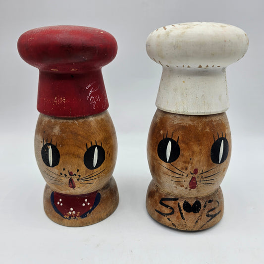 Vintage Salty and Peppy Wooden Cat Salt and Pepper Shakers