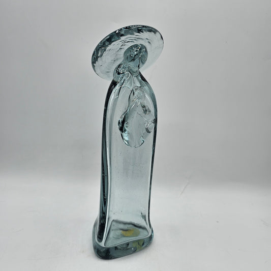 Praying Madonna Hand Blown Blue/Gray Tinted 100% Recycled Glass Sculpture - Made in Guatamala