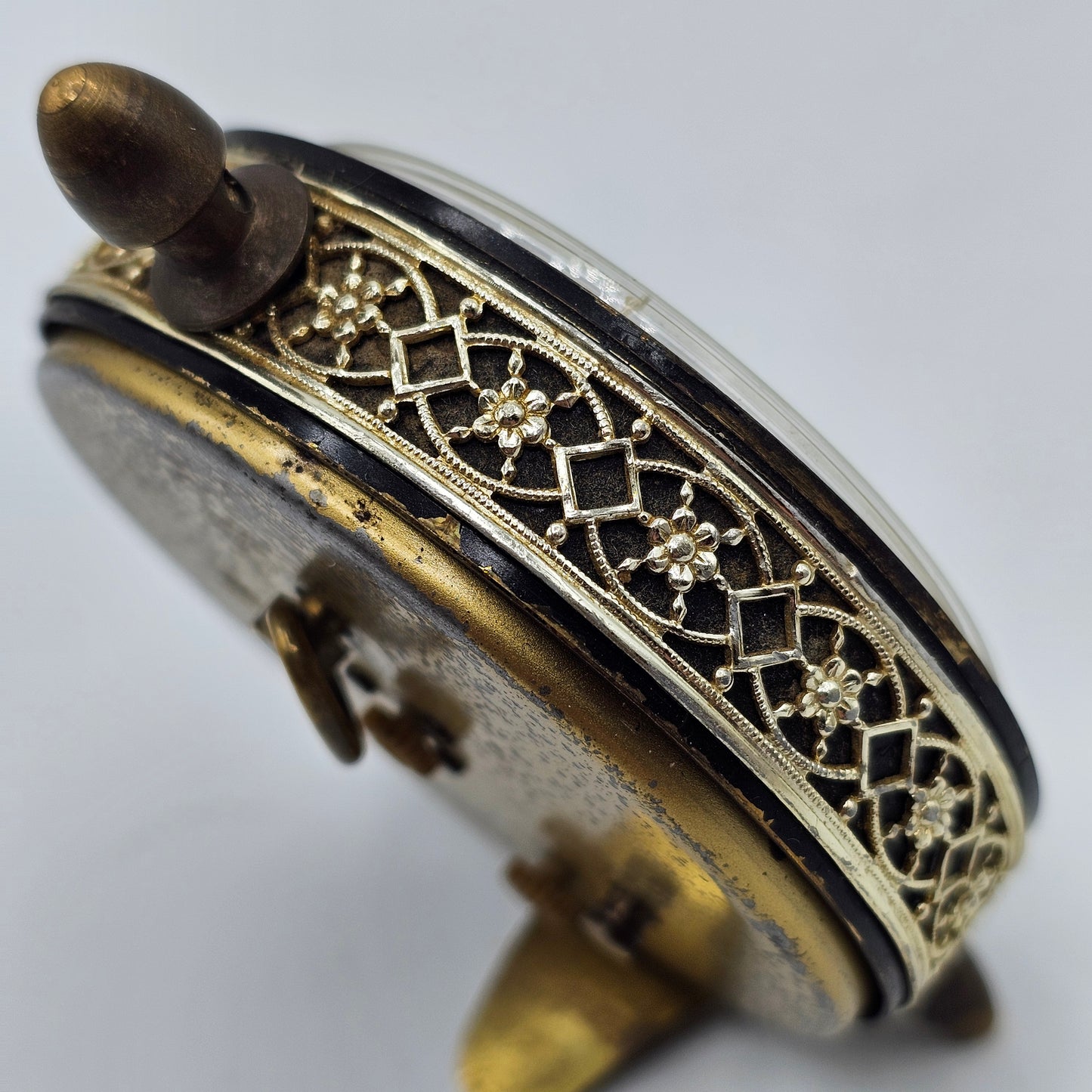 Vintage Bulova Wind Up Alarm Clock with Mother of Pearl Face and Gold Tone Lace Metal Accents - Made in Germany- DISPLAY OR PARTS ONLY DOESN'T WORK