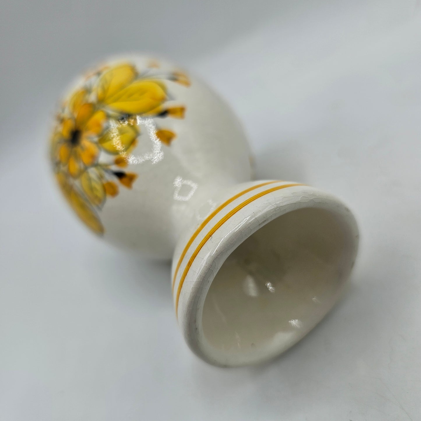 Hand Painted European Pottery Oversized Egg Cup with Yellow Flowers (naturally crazed)