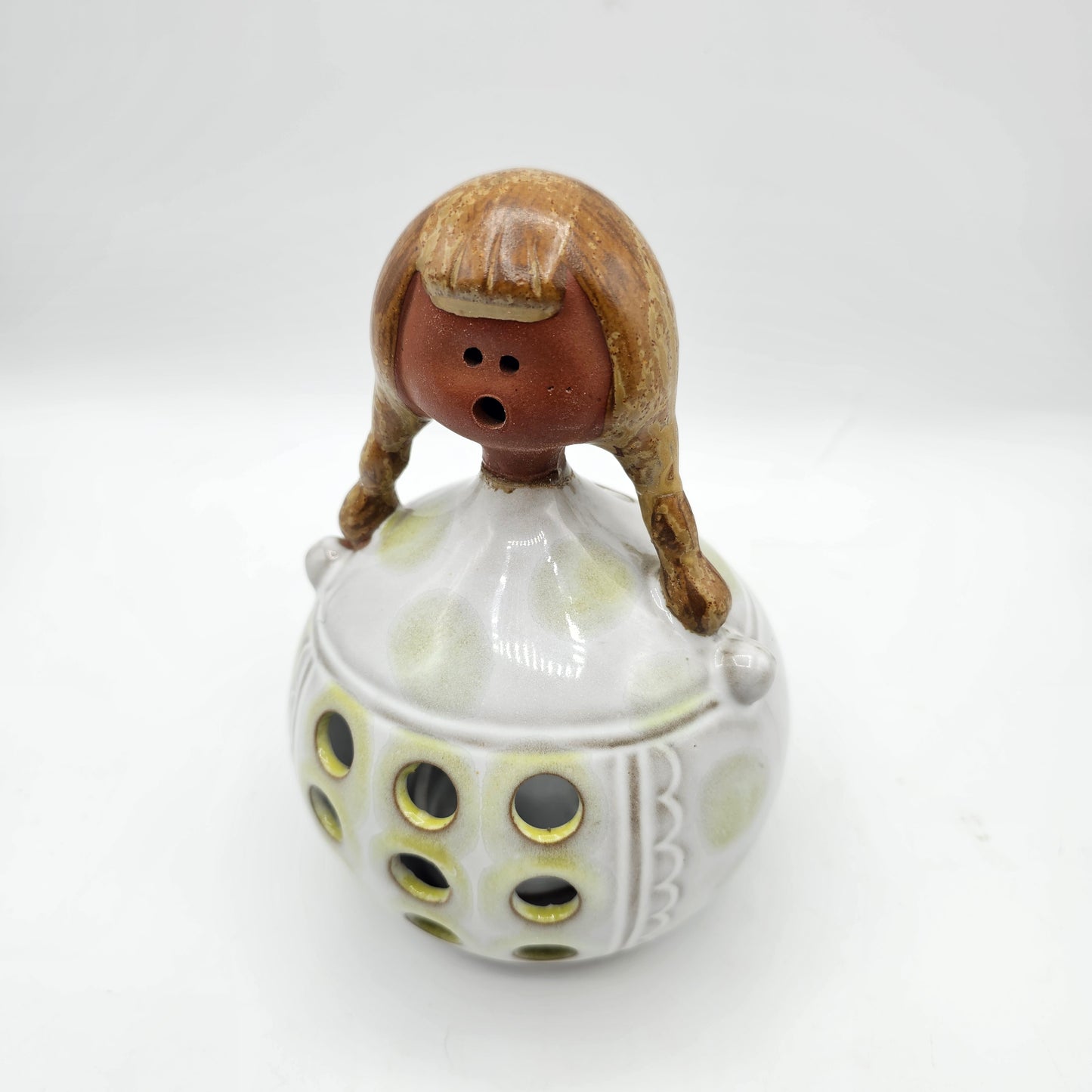 Vintage Scandinavian pottery candle holder 1970s girl with green dots glaze