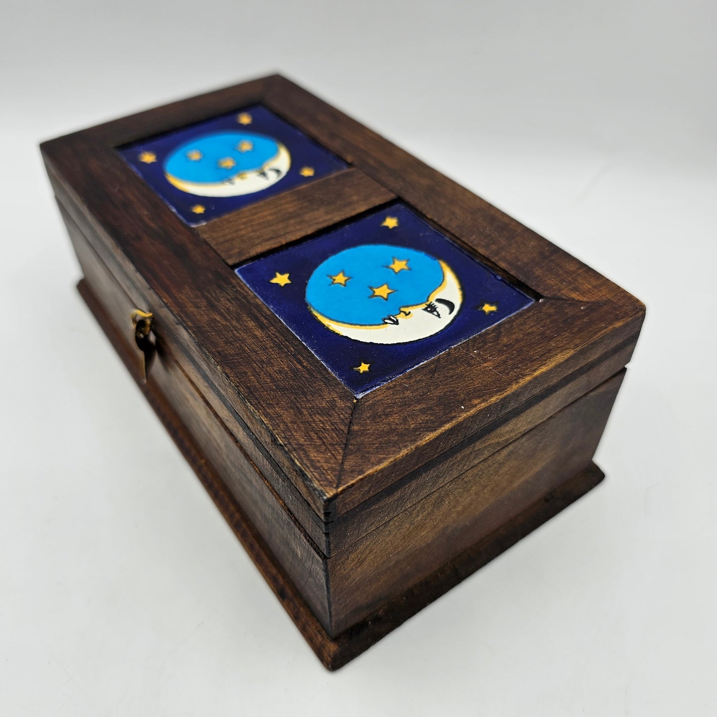 Hinged Wooden Stash Box with Moon and Stars Tiles