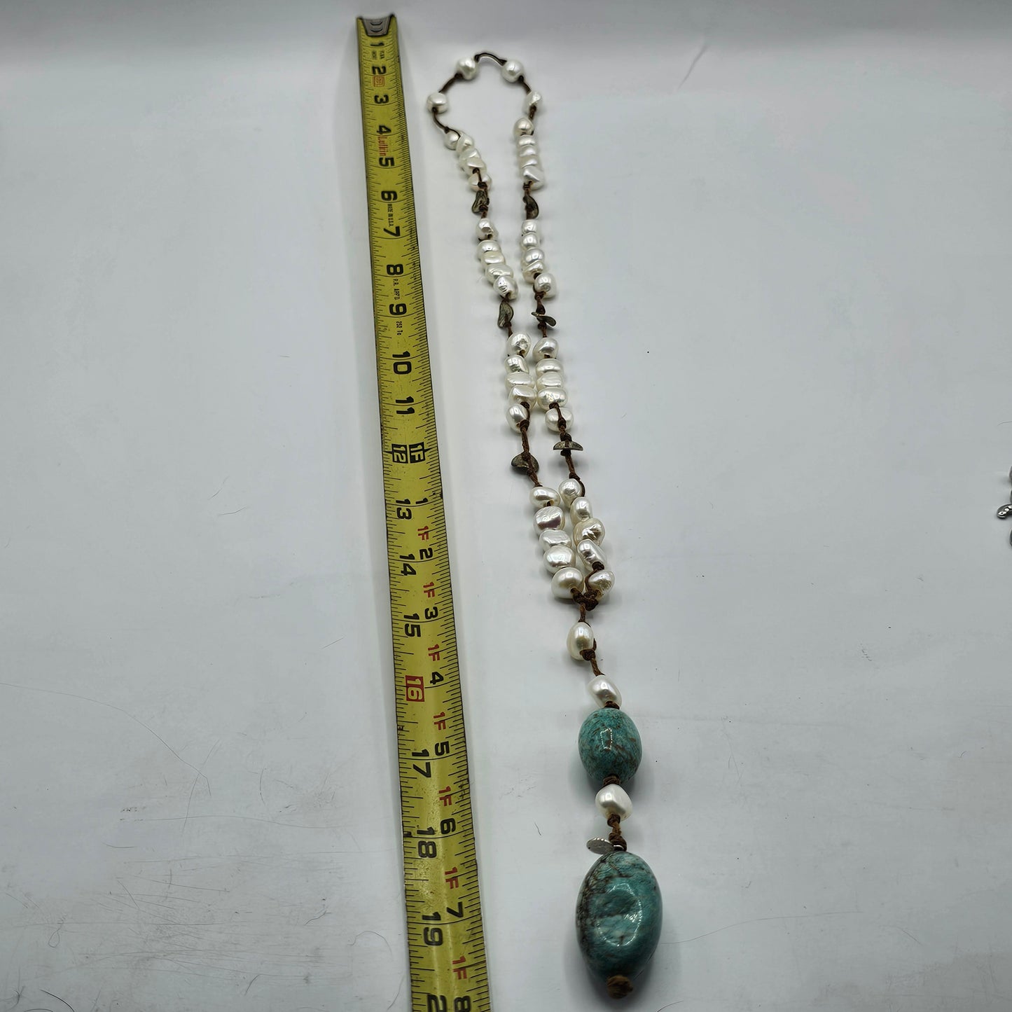 Vintage In2 Artisan Jewelry Scandanavian Design Hand Knotted Freshwater Pearl, Amazonite and Silver Drop Necklace