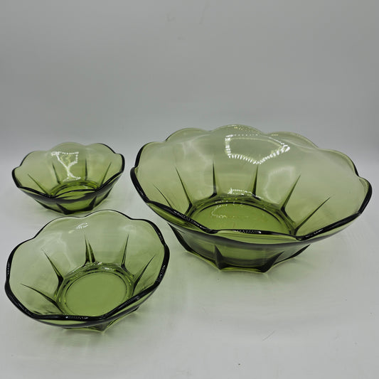 Amber Hocking Green Glass Bowl Set - 1 Large, 2 Small