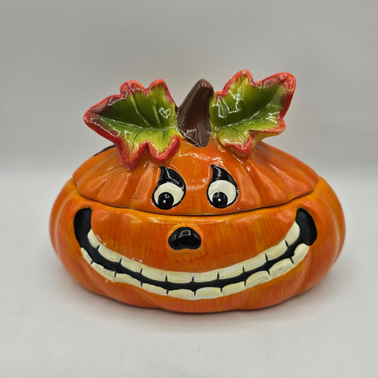 Vintage Hand Painted Ceramic Pumpkin Jack O Lantern Trinket Box
