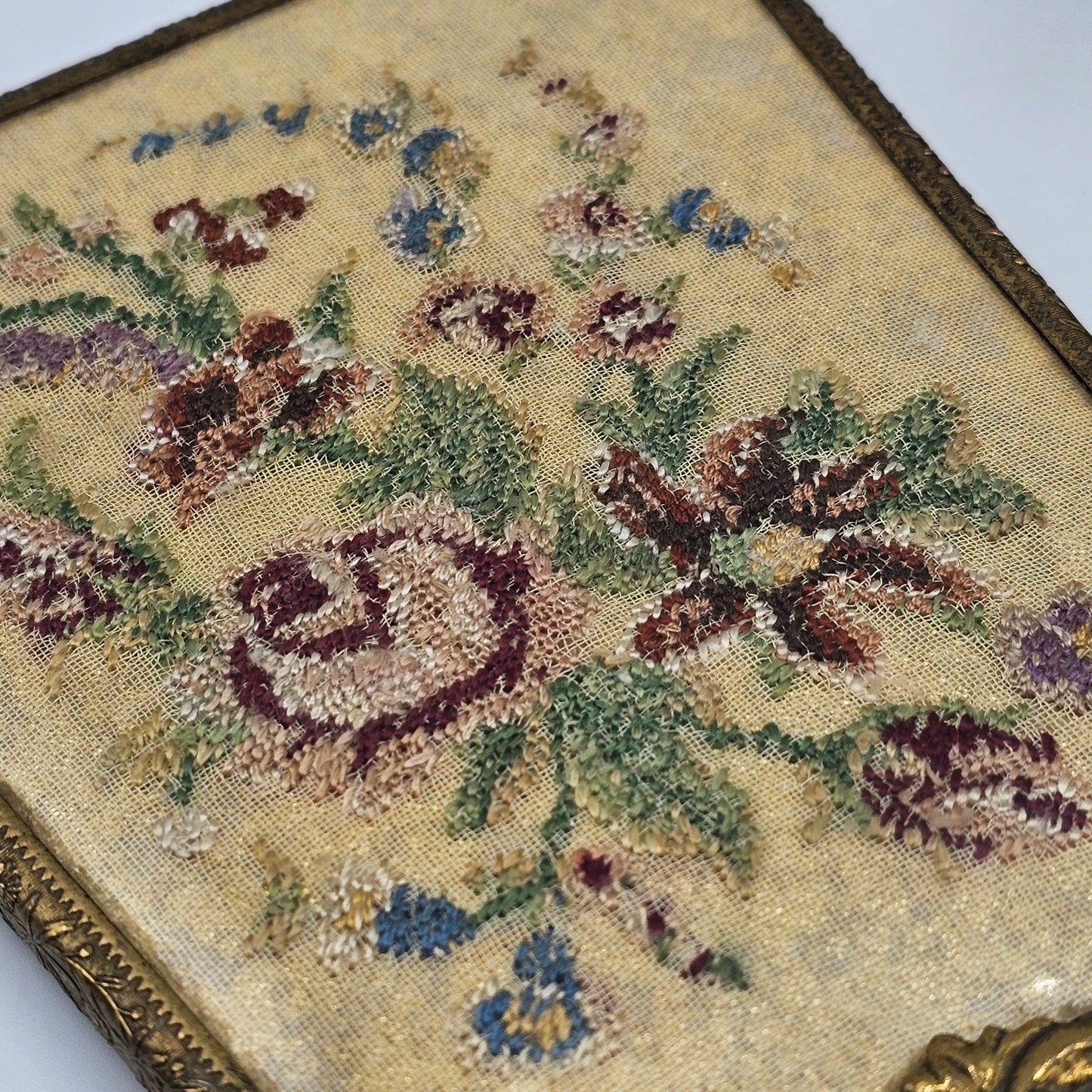 Vintage Petit Point Embroidery 3 Piece Vanity Dresser Set - Hairbrush, Clothes Brush and Beveled Hand Mirror; Wood with Brass