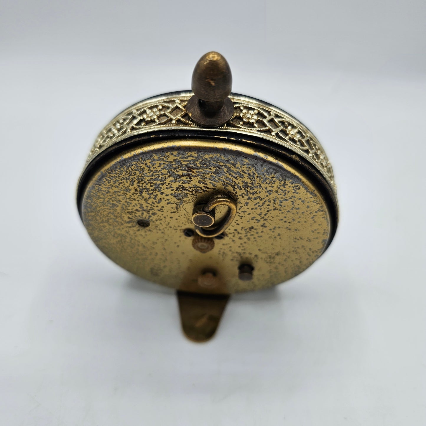 Vintage Bulova Wind Up Alarm Clock with Mother of Pearl Face and Gold Tone Lace Metal Accents - Made in Germany- DISPLAY OR PARTS ONLY DOESN'T WORK