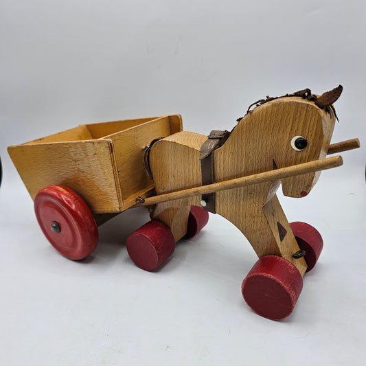 Vintage German Wooden Horse and Cart Toy